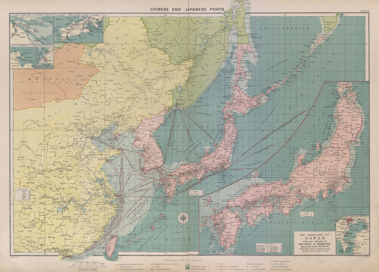 Chinese & Japanese Ports sea chart. lighthouses mail routes. LARGE 1916 map